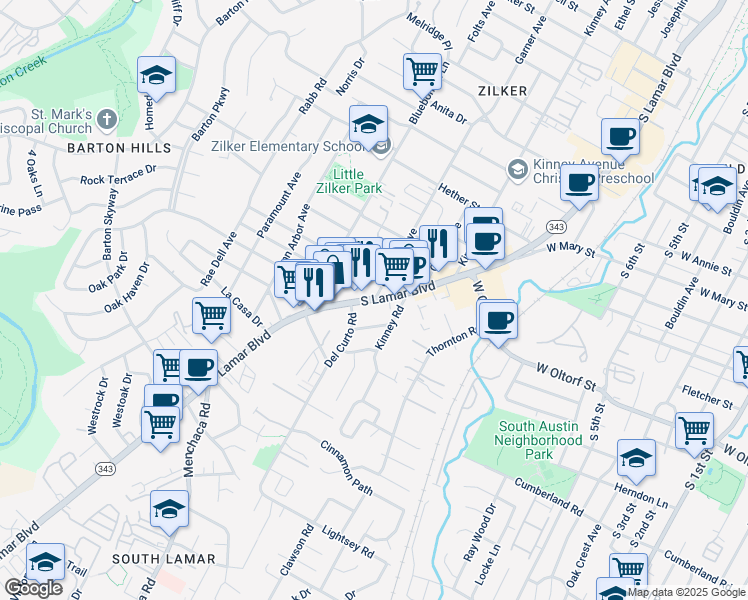 map of restaurants, bars, coffee shops, grocery stores, and more near S Lamar Blvd & Goodrich Ave in Austin