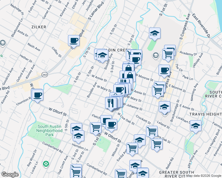 map of restaurants, bars, coffee shops, grocery stores, and more near 706 West Mary Street in Austin
