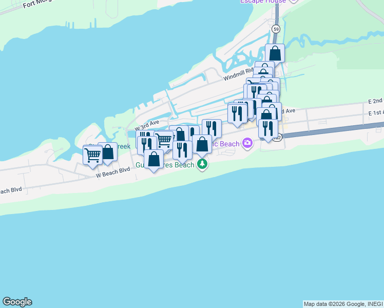 map of restaurants, bars, coffee shops, grocery stores, and more near 416 West Beach Boulevard in Gulf Shores