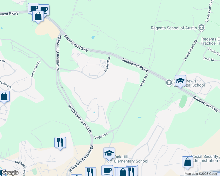 map of restaurants, bars, coffee shops, grocery stores, and more near 6601 Rialto Boulevard in Austin