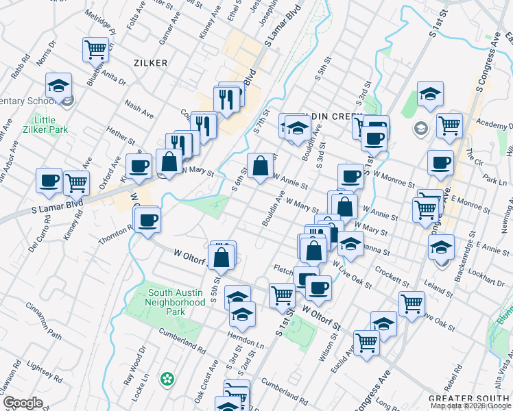 map of restaurants, bars, coffee shops, grocery stores, and more near 1909 South 5th Street in Austin