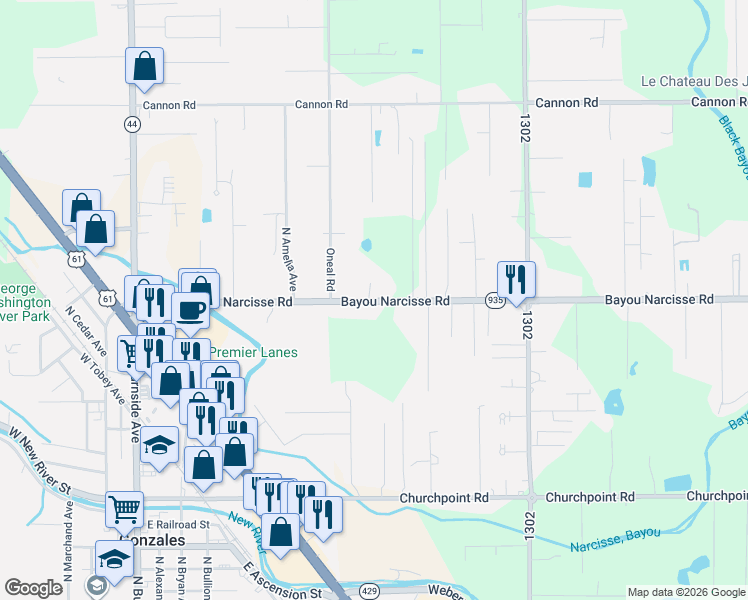 map of restaurants, bars, coffee shops, grocery stores, and more near 41319 Bayou Narcisse Road in Gonzales