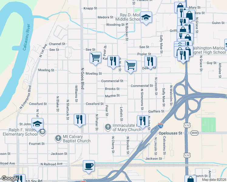 map of restaurants, bars, coffee shops, grocery stores, and more near 2104 Brooks Street in Lake Charles