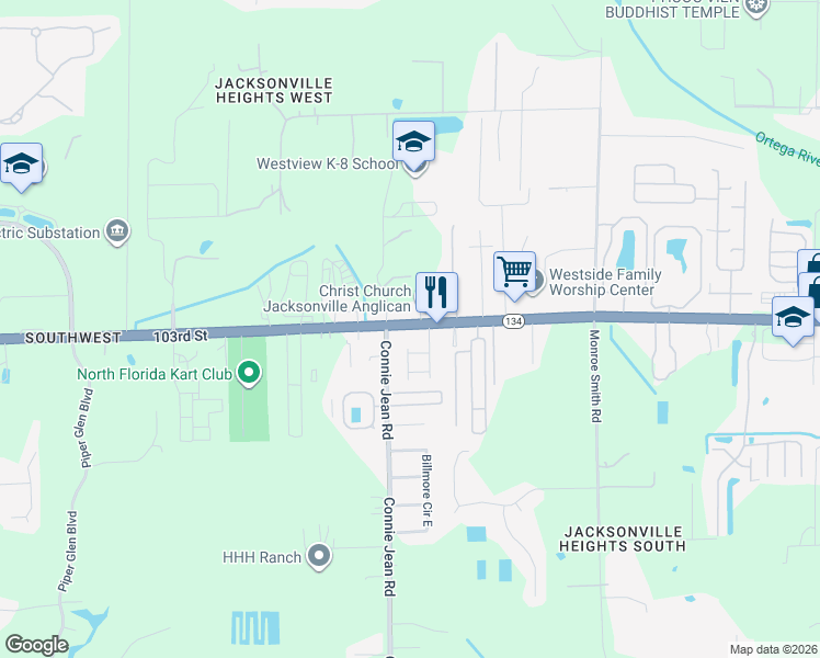 map of restaurants, bars, coffee shops, grocery stores, and more near 9944 103rd Street in Jacksonville