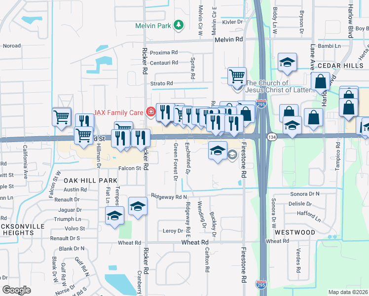 map of restaurants, bars, coffee shops, grocery stores, and more near 5436 Enchanted Drive in Jacksonville