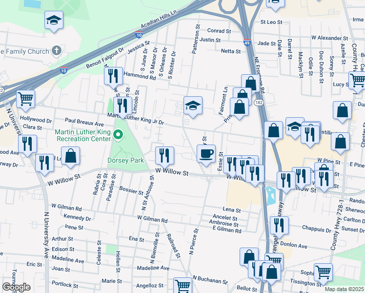 map of restaurants, bars, coffee shops, grocery stores, and more near 315 Patterson Street in Lafayette