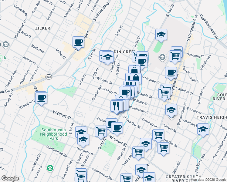 map of restaurants, bars, coffee shops, grocery stores, and more near 712 West Mary Street in Austin