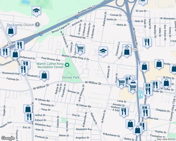 map of restaurants, bars, coffee shops, grocery stores, and more near 106 Elliott Drive in Lafayette