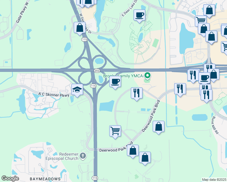map of restaurants, bars, coffee shops, grocery stores, and more near 10201 Centurion Parkway in Jacksonville