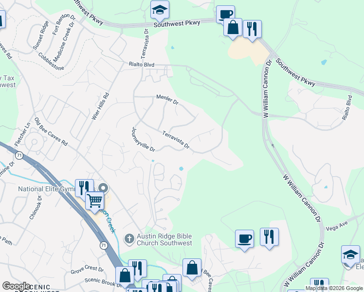 map of restaurants, bars, coffee shops, grocery stores, and more near 5901 Terravista Drive in Austin