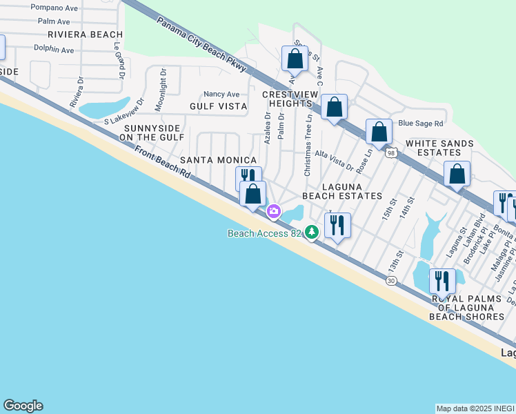 map of restaurants, bars, coffee shops, grocery stores, and more near 20708 Front Beach Road in Panama City