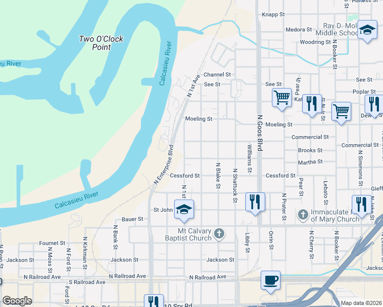map of restaurants, bars, coffee shops, grocery stores, and more near 1413 Martha Street in Lake Charles