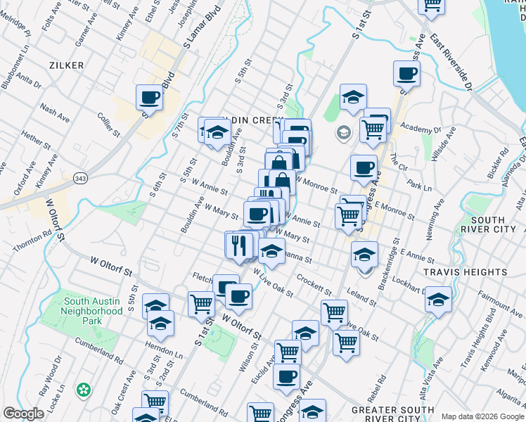 map of restaurants, bars, coffee shops, grocery stores, and more near 609 West Annie Street in Austin