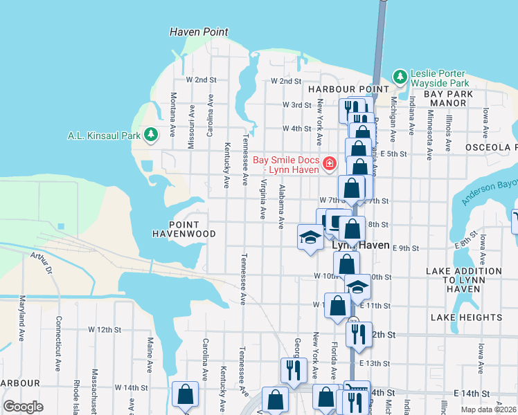 map of restaurants, bars, coffee shops, grocery stores, and more near 706 Virginia Avenue in Lynn Haven