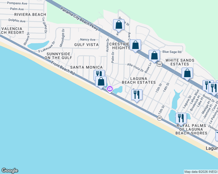 map of restaurants, bars, coffee shops, grocery stores, and more near 20708 Front Beach Road in Panama City