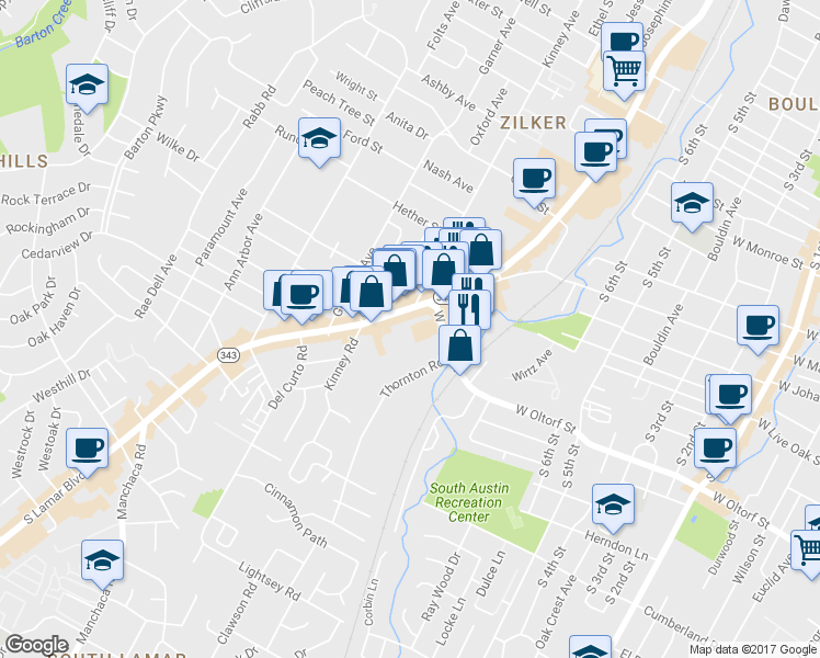 map of restaurants, bars, coffee shops, grocery stores, and more near 2113 South Lamar Boulevard in Austin