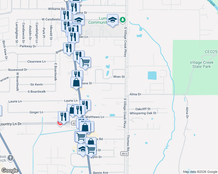 map of restaurants, bars, coffee shops, grocery stores, and more near 110 Hunters Court in Lumberton