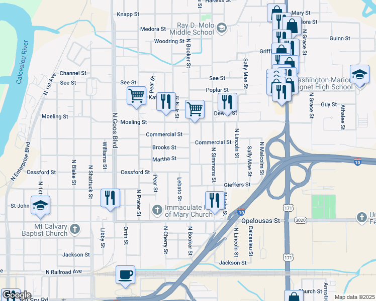 map of restaurants, bars, coffee shops, grocery stores, and more near 829 Booker St in Lake Charles