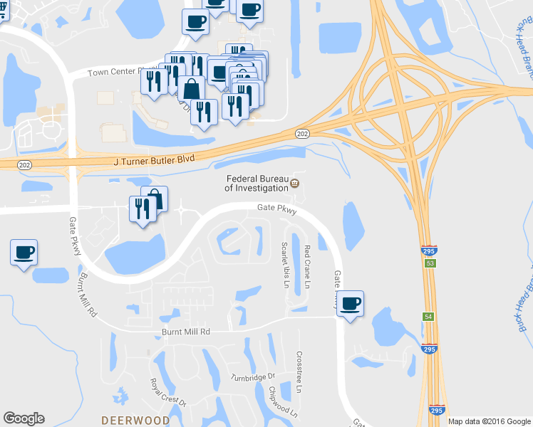 map of restaurants, bars, coffee shops, grocery stores, and more near 11019 Castlemain Circle West in Jacksonville