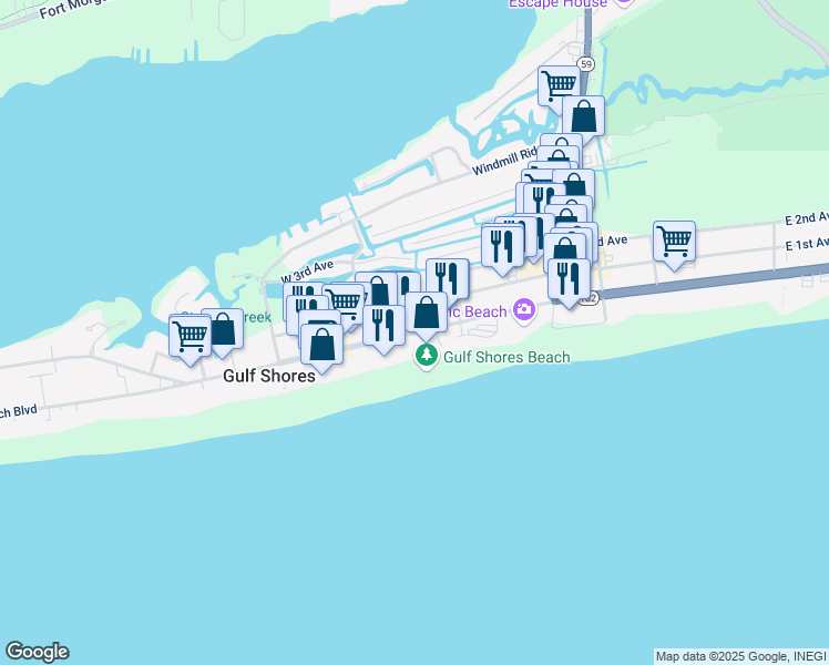 map of restaurants, bars, coffee shops, grocery stores, and more near 320 Alabama 182 in Gulf Shores