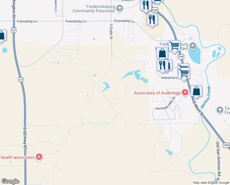 map of restaurants, bars, coffee shops, grocery stores, and more near Baume Court in Fredericksburg