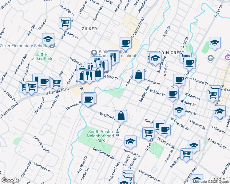map of restaurants, bars, coffee shops, grocery stores, and more near 2006 South 6th Street in Austin