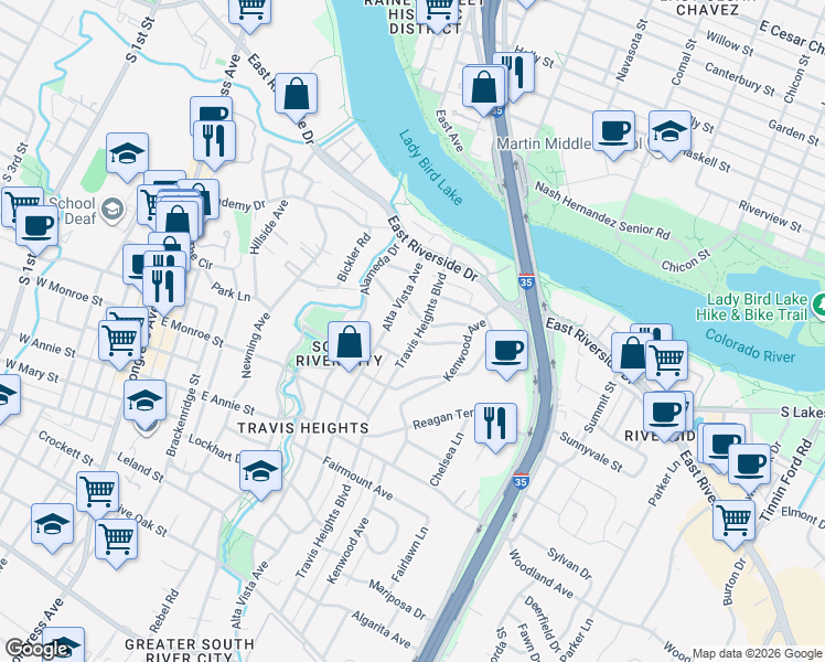 map of restaurants, bars, coffee shops, grocery stores, and more near 1306 Travis Heights Boulevard in Austin