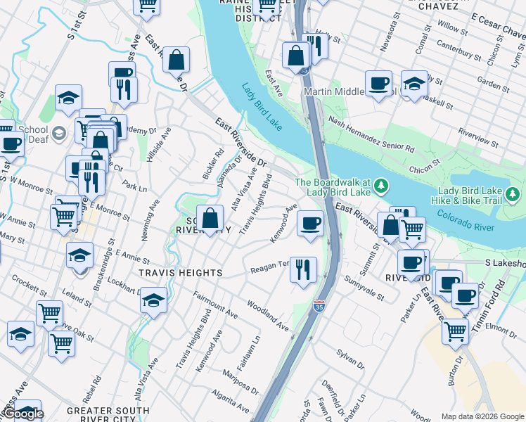map of restaurants, bars, coffee shops, grocery stores, and more near 1001 Avondale Road in Austin