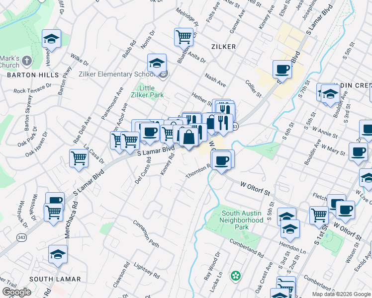 map of restaurants, bars, coffee shops, grocery stores, and more near 2149 South Lamar Boulevard in Austin