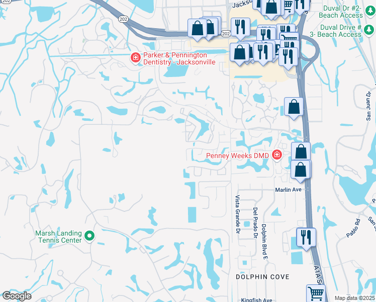 map of restaurants, bars, coffee shops, grocery stores, and more near 2123 Sea Hawk Drive in Ponte Vedra Beach
