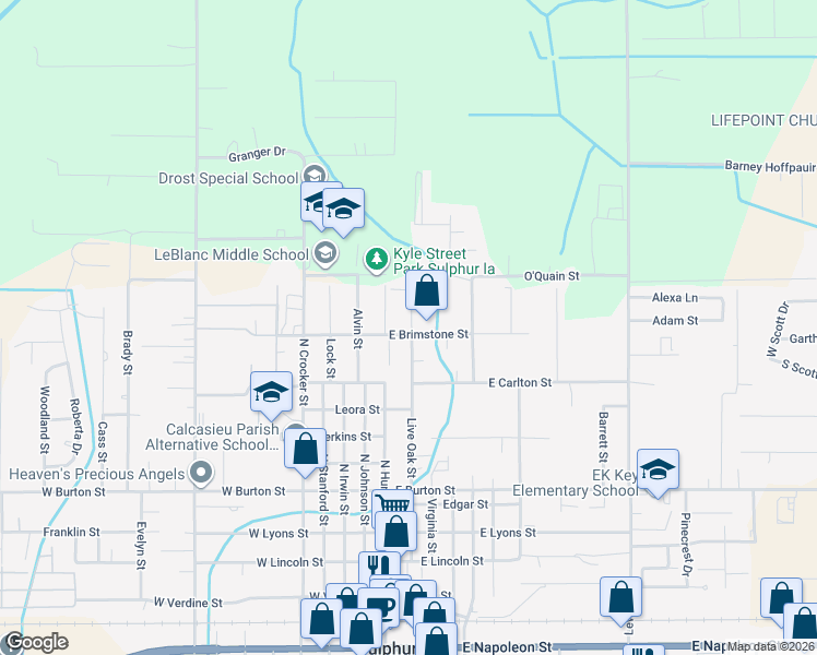 map of restaurants, bars, coffee shops, grocery stores, and more near 170 East Brimstone Street in Sulphur