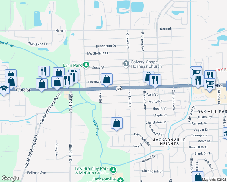 map of restaurants, bars, coffee shops, grocery stores, and more near 8516 103rd Street in Jacksonville
