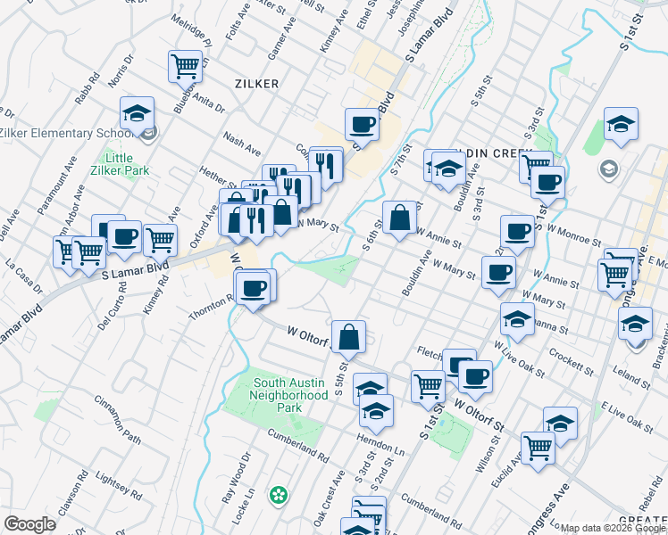map of restaurants, bars, coffee shops, grocery stores, and more near 1298 W Live Oak St in Austin