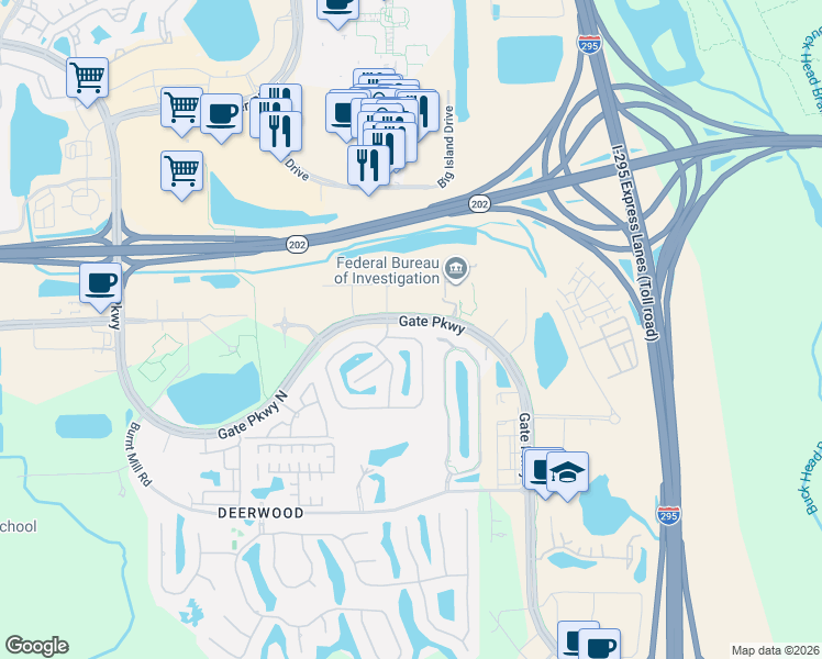 map of restaurants, bars, coffee shops, grocery stores, and more near 11005 Castlemain Circle East in Jacksonville