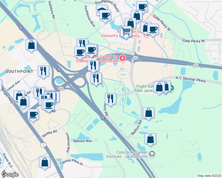 map of restaurants, bars, coffee shops, grocery stores, and more near 4693 Salisbury Road in Jacksonville