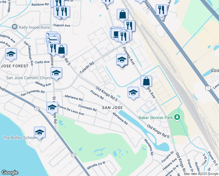 map of restaurants, bars, coffee shops, grocery stores, and more near 7241 Old Kings Road South in Jacksonville