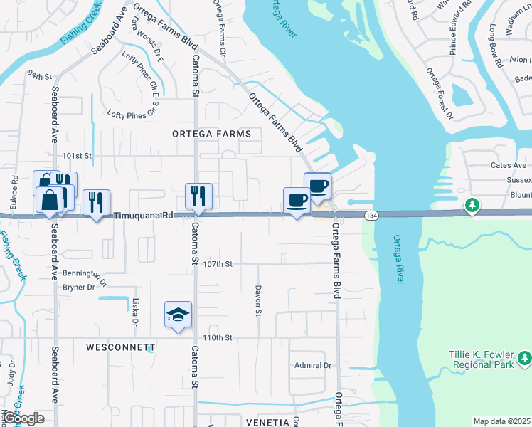 map of restaurants, bars, coffee shops, grocery stores, and more near 5265 Timuquana Road in Jacksonville