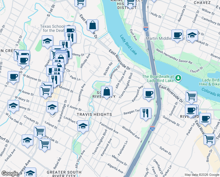 map of restaurants, bars, coffee shops, grocery stores, and more near 1314 Alta Vista Avenue in Austin