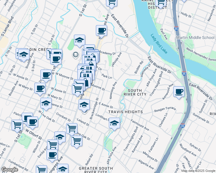 map of restaurants, bars, coffee shops, grocery stores, and more near 300 East Monroe Street in Austin