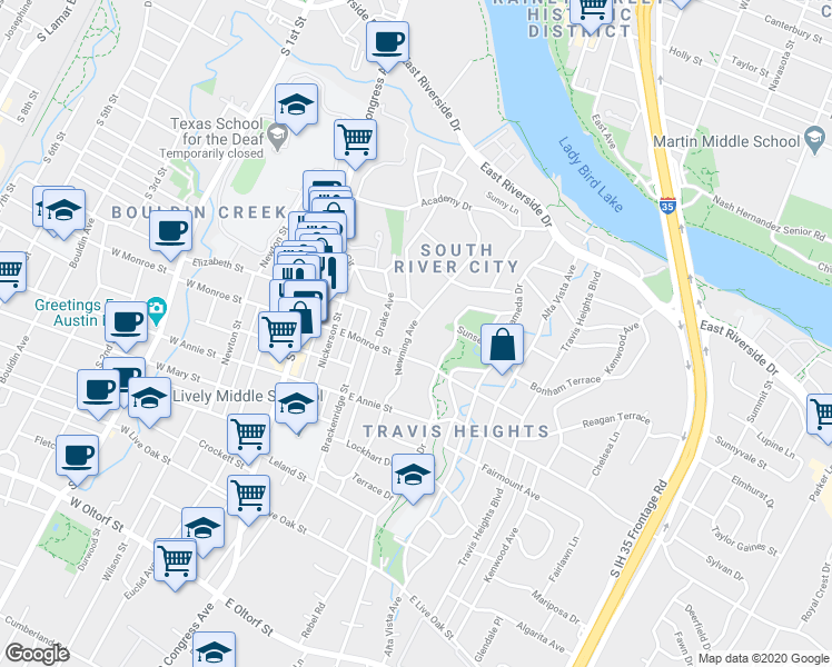 map of restaurants, bars, coffee shops, grocery stores, and more near 1505 Newning Avenue in Austin