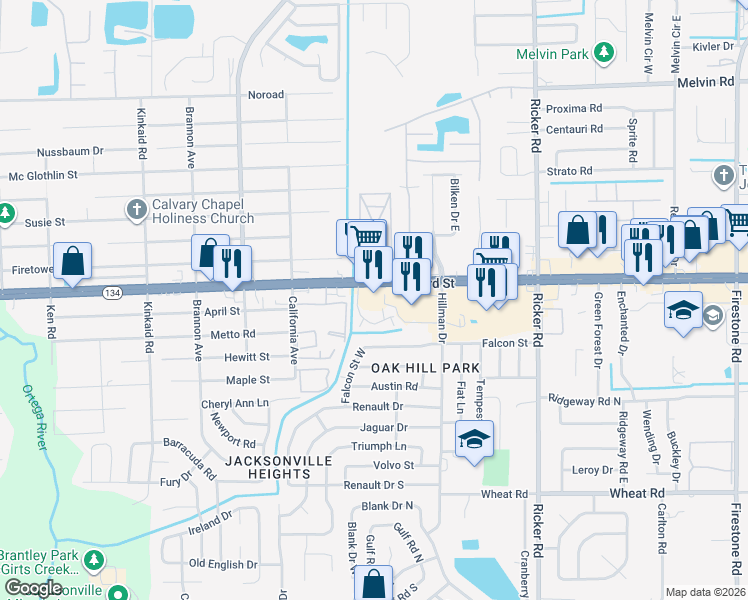 map of restaurants, bars, coffee shops, grocery stores, and more near 7942 103rd Street in Jacksonville
