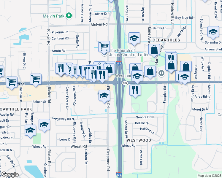 map of restaurants, bars, coffee shops, grocery stores, and more near 5507 Firestone Road in Jacksonville
