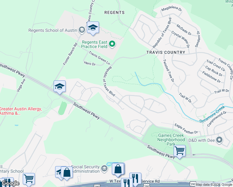 map of restaurants, bars, coffee shops, grocery stores, and more near 5401 Apache Creek Cove in Austin