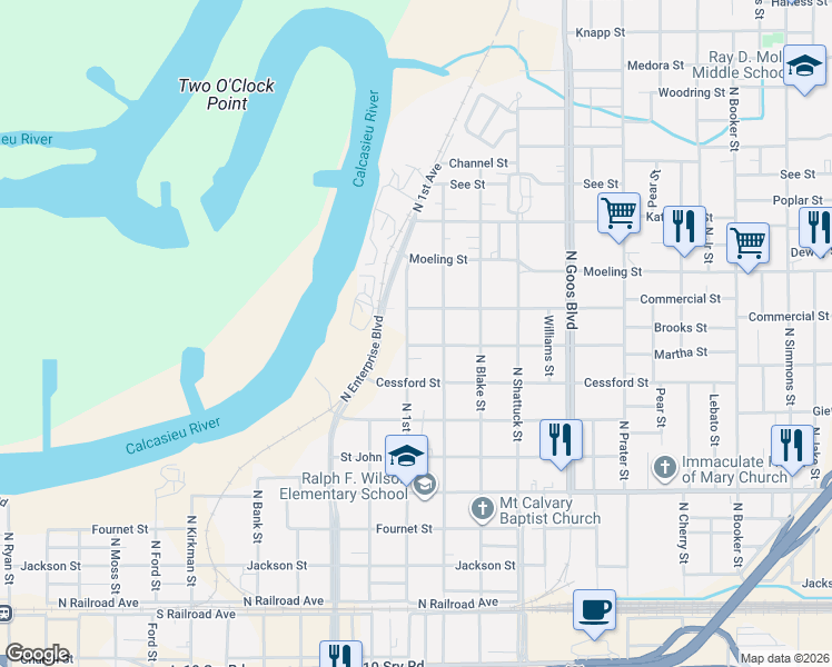 map of restaurants, bars, coffee shops, grocery stores, and more near 1413 Martha St in Lake Charles