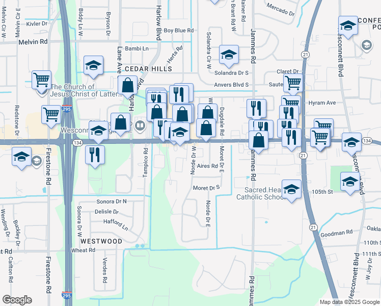 map of restaurants, bars, coffee shops, grocery stores, and more near 5440 Norde Drive West in Jacksonville