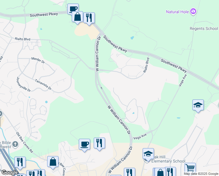 map of restaurants, bars, coffee shops, grocery stores, and more near 6790 West William Cannon Drive in Austin