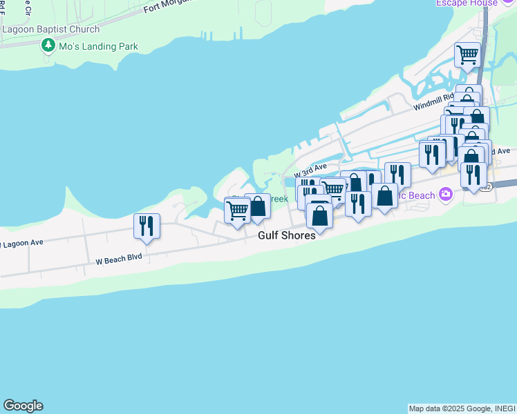map of restaurants, bars, coffee shops, grocery stores, and more near 209 West 7th Street in Gulf Shores