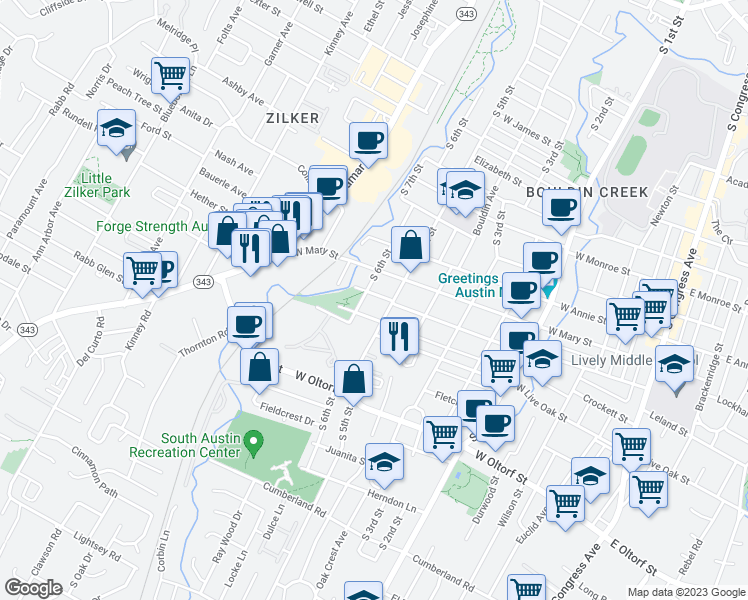 map of restaurants, bars, coffee shops, grocery stores, and more near 1007 West Johanna Street in Austin