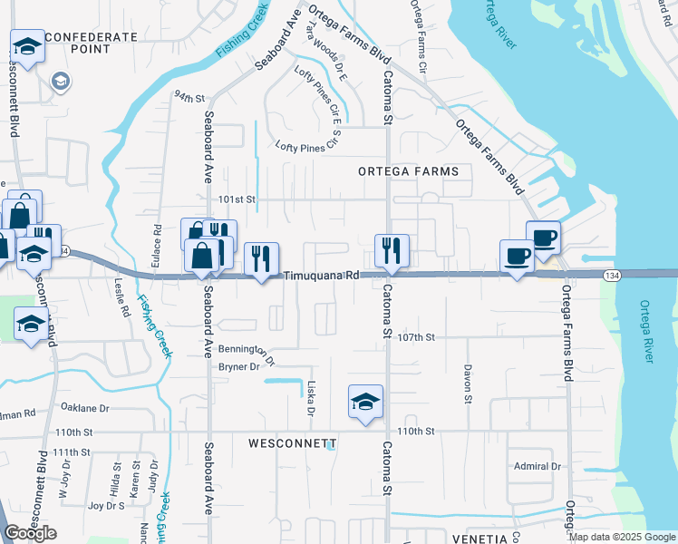 map of restaurants, bars, coffee shops, grocery stores, and more near 5483 Timuquana Road in Jacksonville