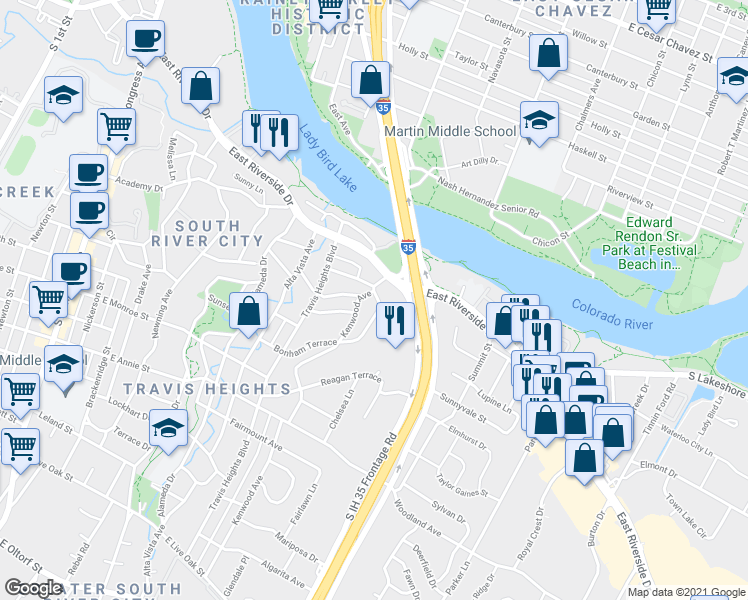 map of restaurants, bars, coffee shops, grocery stores, and more near 1300 Bonham Terrace in Austin